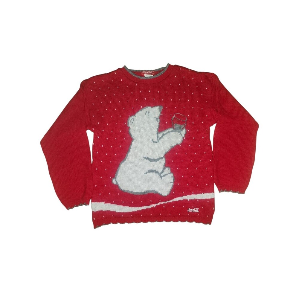 Coca Cola Polar Bear Sweater Girls L Red Vintage 90s Snowflakes Winter Novelty